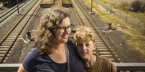 Rowena Joske,pictured near the old Paisley Train Station in Altona North with her 10-year-old son Duncan.