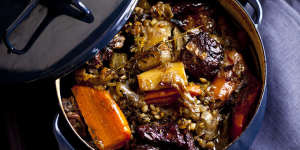 Karen Martini's braised lamb stew with barley and vegetables.