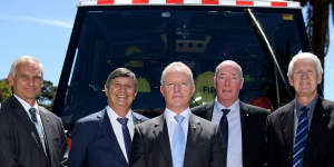 Former emergency services chiefs Bob Conroy,Lee Johnson,Greg Mullins,Mike Brown and Neil Bibby on Thursday.