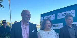 Gina Rinehart arriving at her boat party for Australia’s Olympic swimming team.