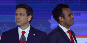 Florida governor Ron DeSantis and former biotech executive Vivek Ramaswamy at the Republican debate.
