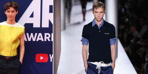 Troye Sivan in Prada at the ARIAs (left),and walking for Miu Miu at Paris Fashion Week.