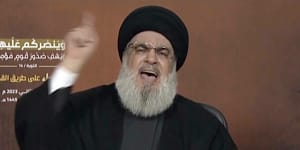 This video grab shows Hezbollah leader Sayyed Hassan Nasrallah speaking via a video link,during a rally in Beirut,on Friday.