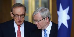 Bob Carr,in his 2013 role as foreign minister,with Kevin Rudd.