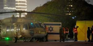 A helicopter arrives with Israeli hostages freed as part of the deal at Schneider medical centre in Petah Tivka,Israel. 