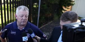 Phil Gould addresses the media on Monday about Trent Barrett’s departure.