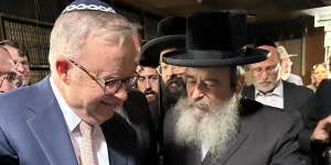 Prime Minister Anthony Albanese with Rabbi Schlomo Kohn at the Adass Israel synagogue on Tuesday.