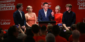 Daniel Andrews and his family celebrate his election victory.