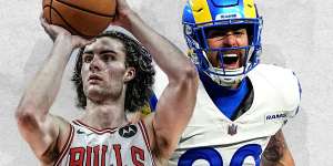 Josh Giddey of the NBA’s Chicago Bulls and NFL player Tyler Higbee of the Los Angeles Rams. Both sports leagues are coming to Melbourne.