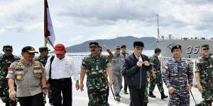 Indonesian President Joko Widodo visits a military base in the Natuna Islands,near the South China Sea,in January.