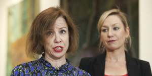 Jo Dyer and Senator Larissa Waters during a press conference on a proposed bill to establish an inquiry into Christian Porter’s fitness to be a minister.