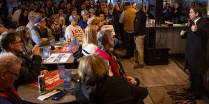 Ron DeSantis speaks during a campaign event at an Iowa pub yesterday.