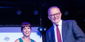 Prime Minister Anthony Albanese with Missy Higgins at the launch of Labor’s National Cultural Policy on Monday.