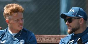 Building relationships:Brendon McCullum chats with Ollie Pope during a nets session.