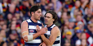 Geelong’s forwards love it when Gryan Miers (right) has the ball in his hands.