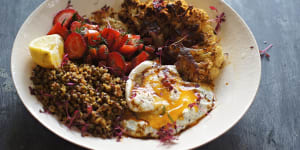 Egg,cauliflower,hummus,lentils and quinoa:this grain bowl is a treat.