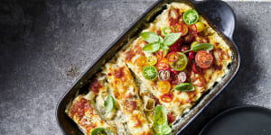 Chicken and ricotta cannelloni with tomato and chilli salad. 
