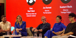 Panellists (from l-r) Pete Learmonth,Lightspeed;Petrina Baker,Baker and Frost;Joe Durrant,The Recreation;Christy Tania,GLACE Dessert,Kantaro Okada,Tsunagu Project and host Dani Valent.