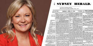 Herald editor Lisa Davies and the original Sydney Morning Herald front page of April 18,1831.