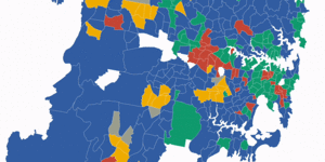 Data over three census periods (2011,2016 and 2021) shows how Generation Y has taken over Sydney – but not in areas with little housing and high prices. (Baby boomers are in blue,Gen X green,Gen Y red and Gen Z yellow).