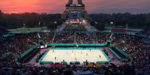 And artist impression of the proposed Eiffel Tower Stadium,which will host beach volleyball for the Olympics and blind football for the Paralympics.