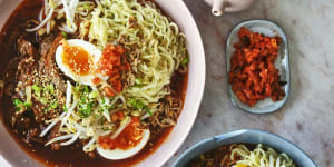 Karen Martini’s ramyeon noodles with spicy broth,chilli beef,soft-boiled egg and kimchi.