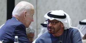 US President Joe Biden speaks with UAE President Sheikh Mohamed bin Zayed Al Nahyan. The financial flows to the UAE mark a new role for its $US509 billion economy as the ruling Al Nahyan family attempts to diversify away from oil.