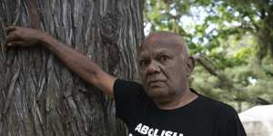 Poet Lionel Fogarty at the Aboriginal Tent Embassy in Canberra in January.