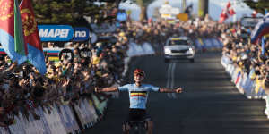 Remco Evenepoel takes victory in the elite men’s road race at the World Championships in Wollongong.