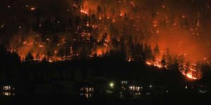The McDougall Creek wildfire burns on the mountainside above houses in West Kelowna,B.C.