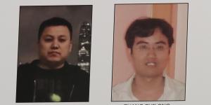 A poster displayed during a news conference at the Department of Justice in Washington shows two Chinese citizens suspected of being with the group APT 10 carrying out an extensive hacking campaign to steal data from US companies. 