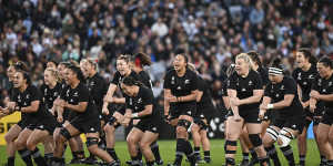 The Black Ferns perform a haka during the World Cup.