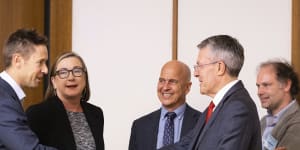 Nine’s managing director of Publishing,James Chessell (left),Guardian Australia editor Lenore Taylor,Peter Greste from the Alliance for Journalists’ Freedom,Attorney-General Mark Dreyfus,and Schwartz Media’s Erik Jensen before the press freedom summit meeting in February.