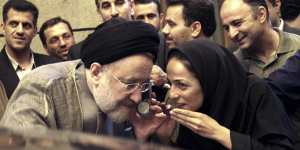 In this July 13,2005,file photo,outgoing reformist Iranian president Mohammad Khatami with journalist Masih Alinejadin Tehran. 