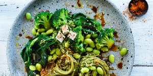 Eat your greens:Green tea noodle bowl with broccoli and edamame.
