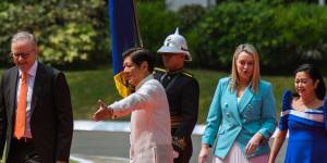 Prime Minister Anthony Albanese being welcomed by Philippines President Ferdinand Marcos Jr,at the Malacanang palace,alongside Albanese’s partner Jodie Haydon and Marcos’ wife Louise Marcos. 