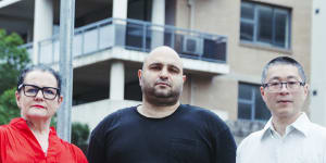 Mascot Towers residents Treacy Sheehan Anthony Najafian,and Alex Chan,outside the Mascot Tower apartments,