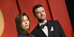 Justin Timberlake,with wife Jessica Biel,at the Vanity Fair Oscar Party this month.