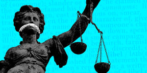 Defamation. Libel. Suppression orders. Our lady justice statue with a gag. Illustration by Matt Davidson