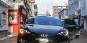 A Tesla Model S idles in Davos ahead of the World Economic Forum in January.