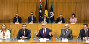 Prime Minister Anthony Albanese leads a press conference following a national cabinet meeting on Friday. 