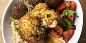 The Khamsa Cafe Jerusalem Bowl with hummus,baba ghanoush,quinoa,fattoush,falafel and cauliflower. 