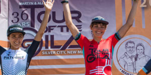Shayna Powless (left),Austin Killips (centre),and Nadia Gontova (right) on the podium after a stage victory in New Mexico.