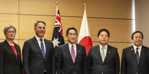 From left:Australia’s Foreign Minister Penny Wong,Defence Minister Richard Marles,Japan’s Prime Minister Fumio Kishida,Foreign Minister Yoshimasa Hayashi and Defence Minister Yasukazu Hamada in Tokyo on Friday.