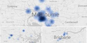 Heat maps of operational and planned BTR projects in Sydney,Brisbane and Melbourne as at July 2023,tracked by KPMG. 