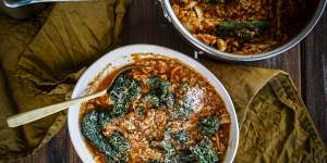Smoky tomato soup with shredded chicken,cavolo nero and cheese.