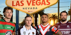 Souths centre Campbell Graham,Brisbane hooker Billy Walters,Roosters forward Spencer Leniu and Manly’s Aaron Woods in Las Vegas on a promotional trip.