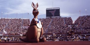 Matilda the Kangaroo,a mascot at the 1982 Brisbane Commonwealth Games,pictured at the closing ceremony on October 9,1982.