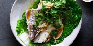 Kylie Kwong's aromatic steamed snapper fillets with ginger,spring onions and coriander.
