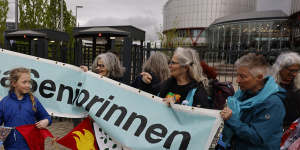 Swiss women demonstrate outside the European Court of Human Rights on Tuesday.